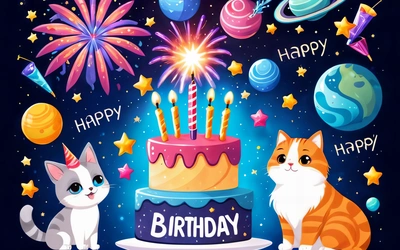 A Birthday card with two cats and a cake with candles and fireworks on it, and a space background with stars and planets, and a Birthday cake with a candle, plain background, a pastel, naive art