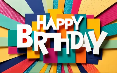 A colorful Birthday card with the words happy Birthday on it's front and back side of the card, surrounded by multicolored strips, dark background, a pastel, international typographic style