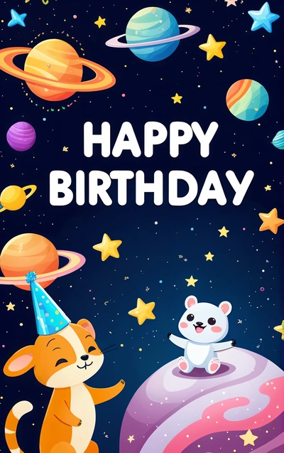 A Birthday card with a cat and a mouse on a planet with stars and planets in the background and a happy Birthday message in the middle, plain background, a screenshot, space art