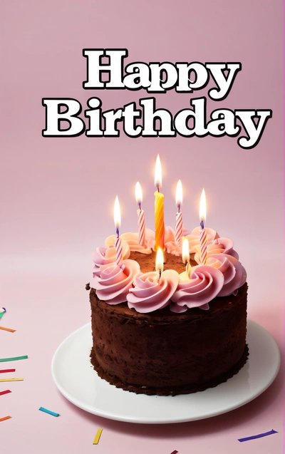 A Birthday cake with lit candles on a plate with confetti and streamers around it and a pink background with a happy Birthday message, plain background, a pastel, american barbizon school