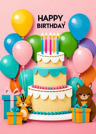 A Birthday cake with candles and balloons on a table with a teddy bear and a cat on it and a pink background with a pink backdrop, plain background, a pastel, naive art