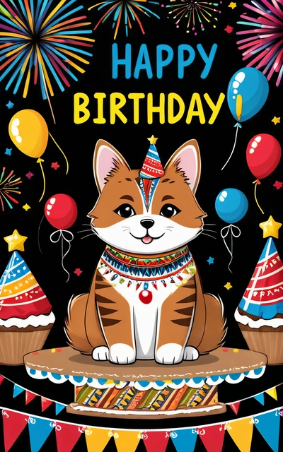 A cat wearing a Birthday hat and scarf sitting on a cake with balloons and streamers around it, with a happy Birthday message in the middle, plain background, a poster, furry art