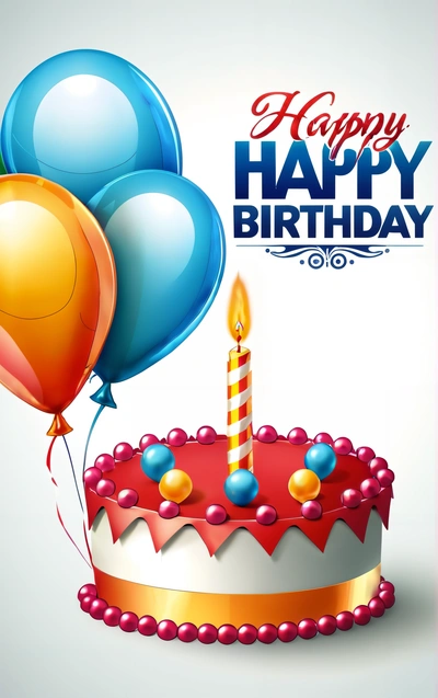 A Birthday cake with balloons and a candle on it with a happy Birthday message on the side of the cake is a blue and red one - sided balloon, plain background, a pastel, american barbizon school