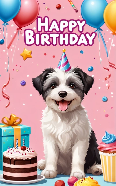 A happy Birthday card with a dog and cake on a table with balloons and confetti on it and a Birthday hat on top, cute and funny, a screenshot, naive art