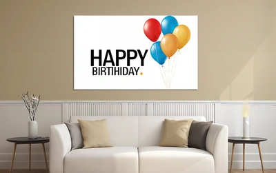 A living room with a couch and a painting on the wall of it that says happy Birthday with balloons on it and a table with a vase, plain background, a minimalist painting, international typographic style