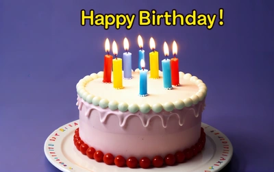 A Birthday cake with lit candles on a plate on a purple background with a happy Birthday message in the middle of the cake is a red, white, pink,, candles, a pastel, international typographic style