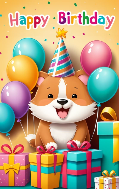 A happy Birthday card with a corgi and presents on it and balloons and a gift box in the foreground with a happy Birthday message, behance hd, a character portrait, furry art