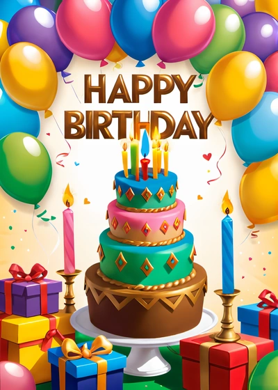 A Birthday cake with candles and balloons on a table with presents and balloons in the background with a happy Birthday message on the top of the cake, behance hd, a pastel, american barbizon school