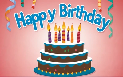 A Birthday cake with candles and streamers on it with a happy Birthday message on it's side and a ribbon around the cake, plain background, a pastel, american barbizon school