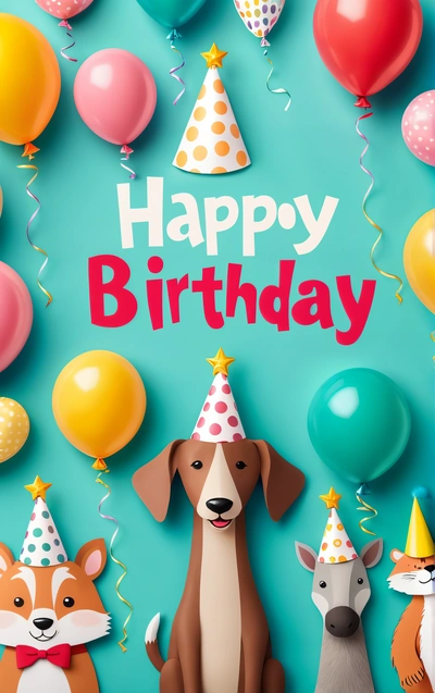 A dog and two animals are sitting in front of balloons and streamers with the words happy Birthday written on it in a bright blue background, plain background, a 3d render, naive art