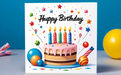 A Birthday card with a cake and balloons on it with a blue background and a yellow balloon in the foreground with a blue background, plain background, a pastel, american barbizon school