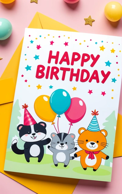 A Birthday card with a cartoon animal and balloons on it, with a happy Birthday message on the front of the card, on a pink background with balloons and stars, paper texture, a pastel, naive art