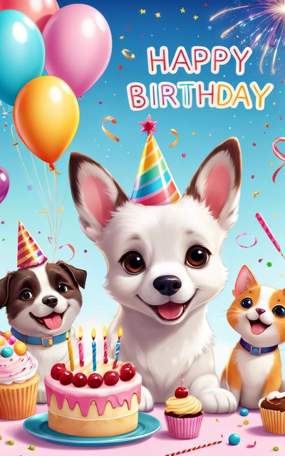A happy Birthday card with two dogs and a cake with candles and balloons on a table with a cat and dog on it and a Birthday cake with a dog, highly detailed digital painting, a screenshot, furry art