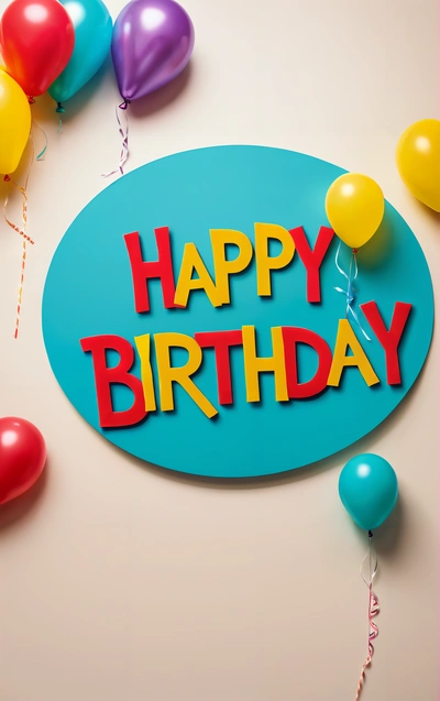 A happy Birthday sign surrounded by balloons and streamers of streamers and streamers of streamers on a blue background with a pink border, plain background, a pastel, international typographic style