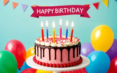 A Birthday cake with candles and balloons in the background with a happy Birthday sign above it that says happy Birthday on a cake with candles, plain background, a pastel, american barbizon school