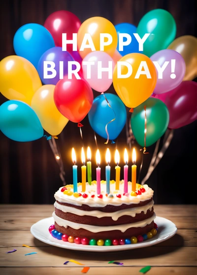 A Birthday cake with candles and balloons on a table with a happy Birthday message on it's topper that reads happy Birthday,, plain background, a pastel, international typographic style