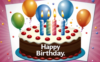A Birthday cake with candles and balloons on it with a happy Birthday card in the background with a pink background and a white border with a pink border, plain background, a pastel, american barbizon school