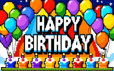 A pixel art Birthday card with candles and balloons in the background of a Birthday cake with candles and balloons in the foreground of the card, 2 d game art, pixel art, pixel art
