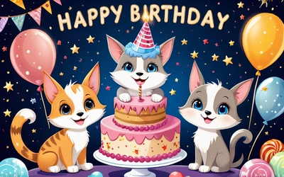 A Birthday card with three cats and a cake with candles and balloons on a table with a blue background and a happy Birthday message in the middle, cute and funny, a pastel, furry art