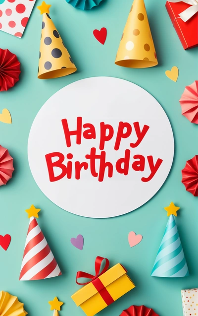 A Birthday card surrounded by party hats and paper fans on a blue background with a happy Birthday message in the center of the card is surrounded by, plain background, a pastel, international typographic style