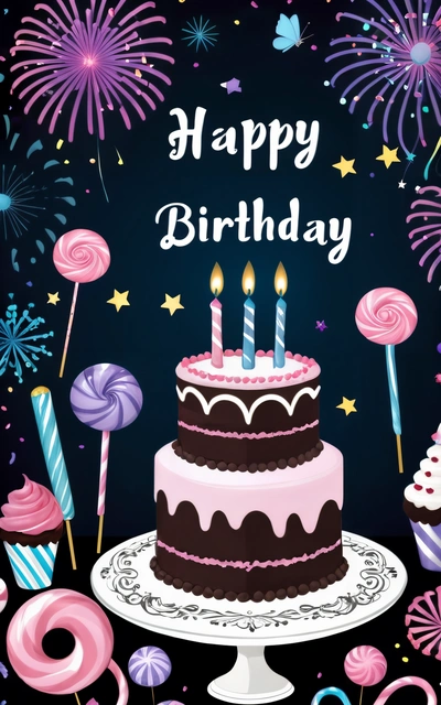 A Birthday cake with candles and lollipops on a plate with fireworks and confetti around it and a dark background with stars and confetti, plain background, a pastel, international typographic style