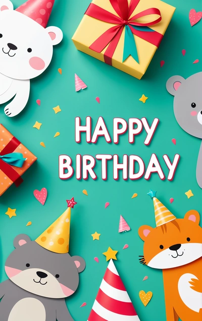 A Birthday card with a bear, bear, and bear on it's side and a gift box in the middle of the card, plain background, a pastel, naive art