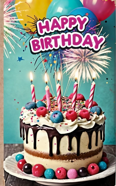 A Birthday cake with candles and balloons on a table with a blue background and a happy Birthday card with a happy Birthday message on it, plain background, a pastel, american barbizon school