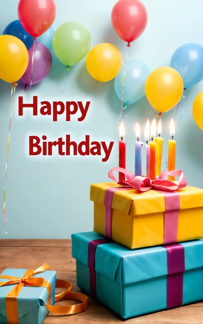 A Birthday card with a Birthday cake and presents with balloons and streamers in the background and a blue wall with a happy Birthday message, plain background, a pastel, american barbizon school