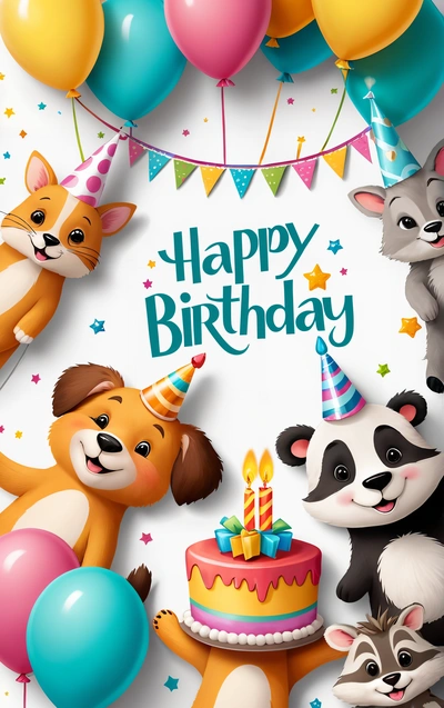 A Birthday card with a bunch of animals and balloons on it's side and a happy Birthday message on the front of the card, behance hd, a digital rendering, naive art