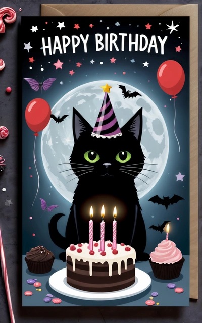 A black cat with a Birthday hat and candles on a card with a full moon in the background and a cupcake with candles on the bottom, dark background, a storybook illustration, gothic art