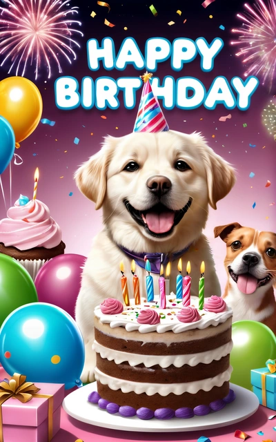 A happy Birthday card with a dog and a cake with candles and balloons on it and a dog next to it with a Birthday cake and balloons, highly detailed digital art, a digital rendering, furry art