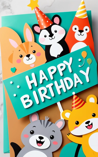 A Birthday card with a happy Birthday sign and animals on it, with a happy Birthday message in the middle of the card, and a bear and a bear and a bear and a bear, paper texture, a 3d render, furry art