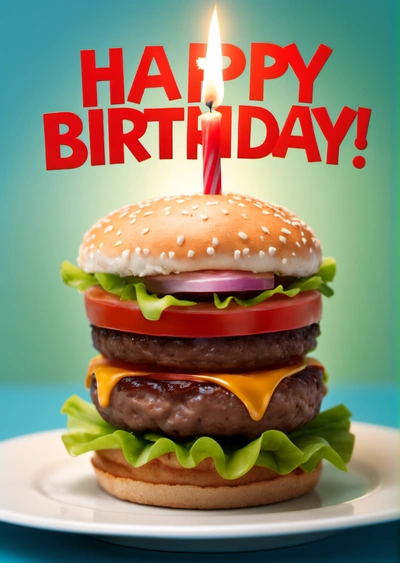 A hamburger with a candle in the middle of it with a happy Birthday message on it and a lit candle in the middle of the hamburger, food photography, a pastel, international typographic style