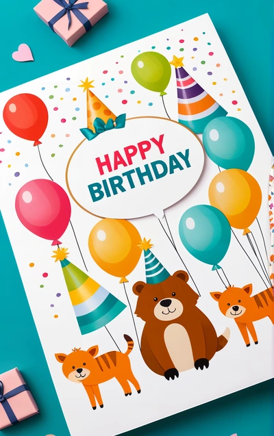 A Birthday card with a bear and other animals on it and a gift box with a tag on it and a blue background with confetti, offset printing technique, a pastel, naive art