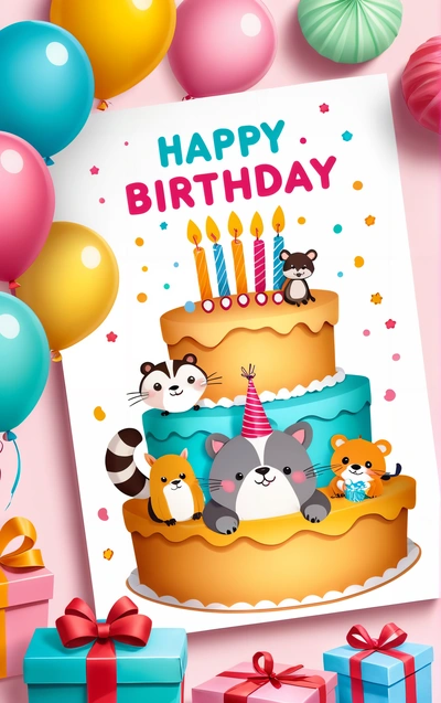 A Birthday card with a cake and animals on it and balloons and gifts around it on a pink background with a pink backdrop and a blue box with a, plain background, a pastel, naive art
