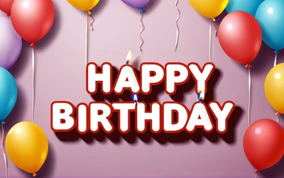 A Birthday card with balloons and a candle on it that says happy Birthday on it, with a pink background and a purple backdrop with a red and white, plain background, a 3d render, international typographic style