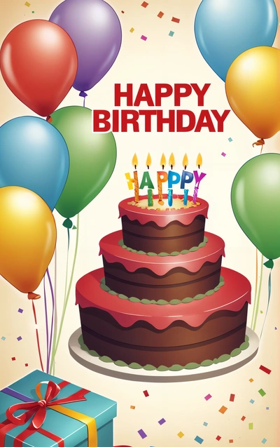 A Birthday cake with candles and balloons on a table with a gift box and a bow on it, with a happy Birthday message written on the top, plain background, a pastel, international typographic style