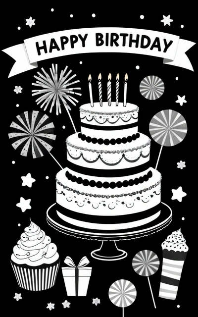 A Birthday cake with candles and decorations on it with a banner that says happy Birthday to you on it and a cupcake with candles, black background, a pastel, international typographic style