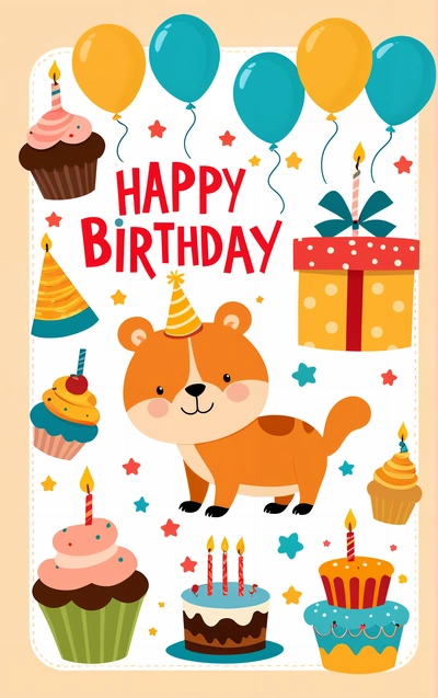 A Birthday card with a happy Birthday bear and cupcakes and balloons on it, and a Birthday cake with candles and balloons on the card, plain background, a screenprint, naive art