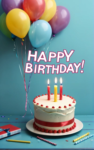 A Birthday cake with candles and balloons on a table with a blue background and a blue wall with a happy Birthday message written on it, plain background, a pastel, american barbizon school