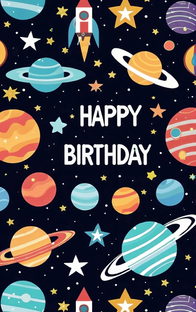 A Birthday card with a space theme and stars on it, with the words happy Birthday written in white on a black background with colorful outer planets, space, vector art, space art