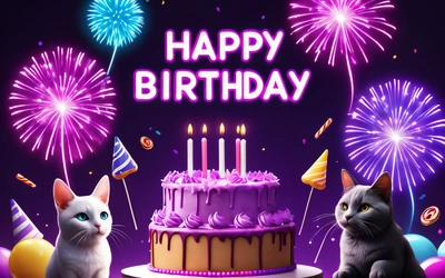 A Birthday cake with candles and two cats sitting next to it with fireworks in the background and a purple background with a purple and white cake with a cat, happy, a pastel, net art