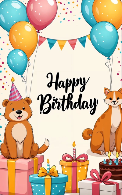 A Birthday card with two animals and presents on a table with balloons and presents on the table and a Birthday card with a fox and a fox, plain background, a digital rendering, furry art