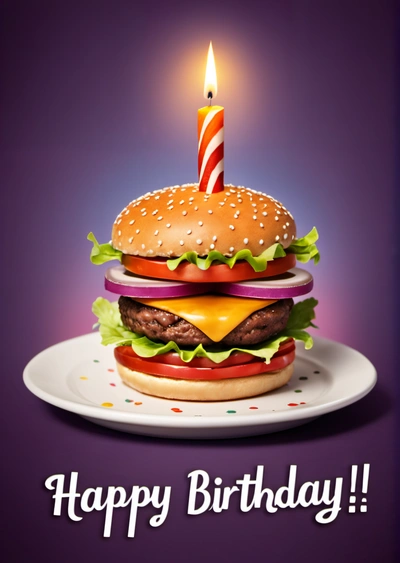 A hamburger with a lit candle on it with a happy Birthday message below it that reads happy Birthday, hamburger with a lit candle on it, promotional image, a computer rendering, net art