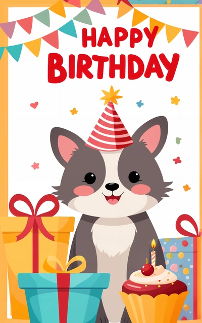 A Birthday card with a raccoon and presents on it, and a happy Birthday message in the middle of the card is a Birthday card, plain background, a digital rendering, furry art