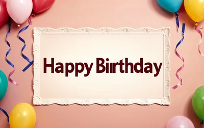 A Birthday card with balloons and streamers around it with the words happy Birthday on it in a frame surrounded by balloons and streamers, plain background, a pastel, international typographic style