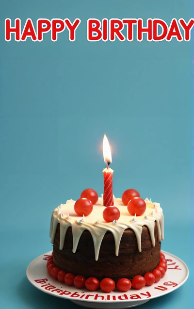 A Birthday cake with a single candle on it with a happy Birthday message on the side of the cake and a blue background with a red and white border, octane renderer, a 3d render, net art
