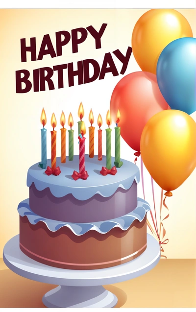A Birthday cake with candles and balloons on a table with a happy Birthday card in the background with a happy Birthday message on the top, plain background, a pastel, international typographic style