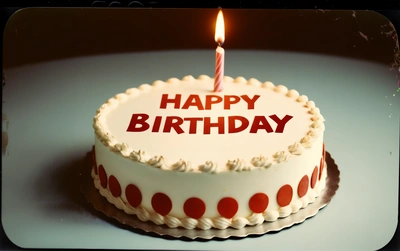 A Birthday cake with a lit candle on it that says happy Birthday on it's top and a polka dot design on the bottom, happy, a pastel, international typographic style