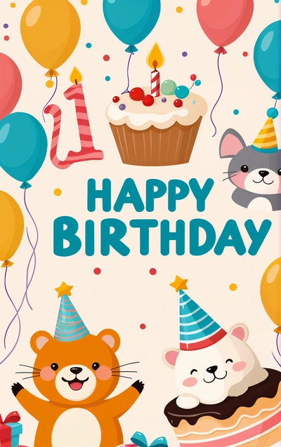 A Birthday card with a bear, a cat, a cake and balloons on it with the words happy Birthday written in the middle of the card, plain background, a pastel, naive art